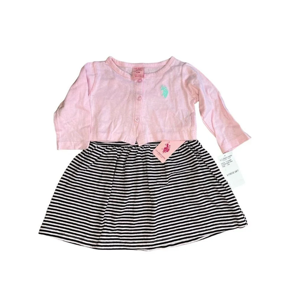 U.S. Polo Assn. Baby Girl's 2-Piece Dress Set Pink Cardigan Striped Dress 12M